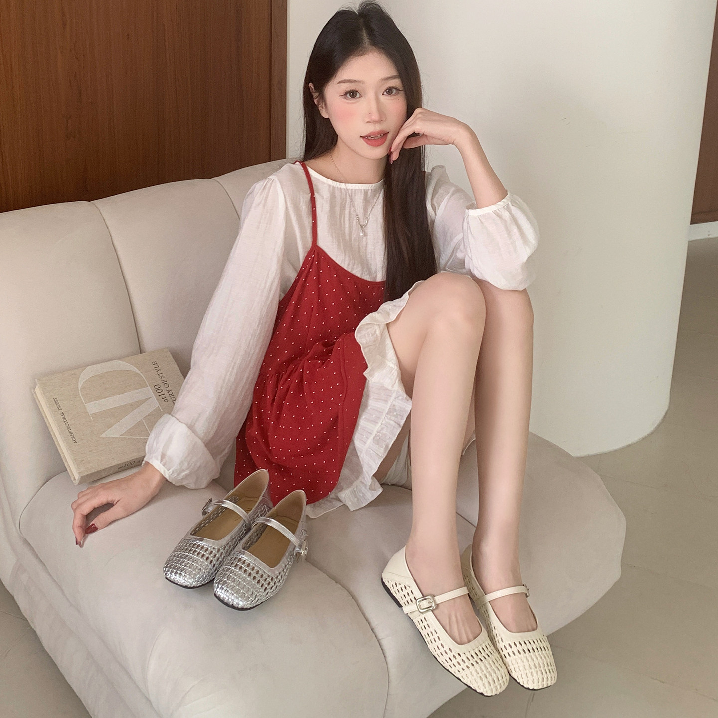 羊皮版~法式编织镂空银色单鞋女夏平底配裙子玛丽珍凉鞋大码女鞋