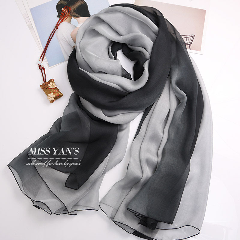 黑灰渐变色真丝丝巾女桑蚕丝丝绸围巾披肩长款夏春秋冬季杭州百搭