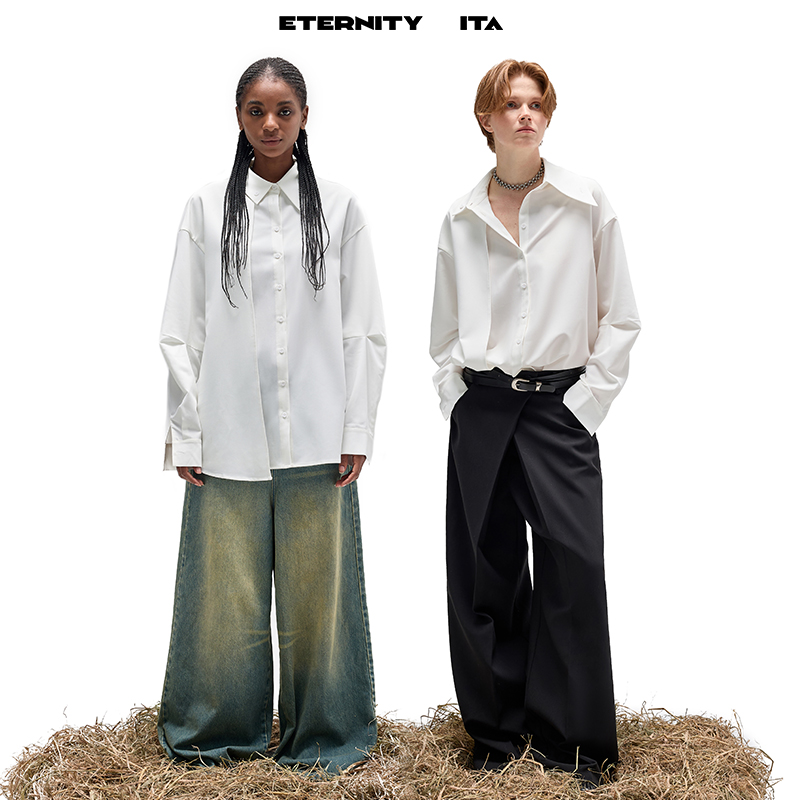 ETERNITY ITA 23FW 不规则假两件衬衣门襟解构领子宽松白衬衫男女