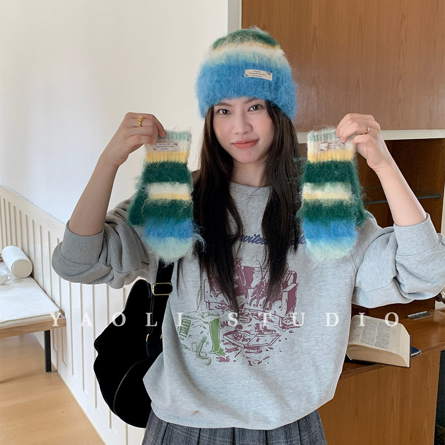 YAOLI配色hin好看～韩系秋冬ins氛围感毛绒套头帽子保暖手套女潮