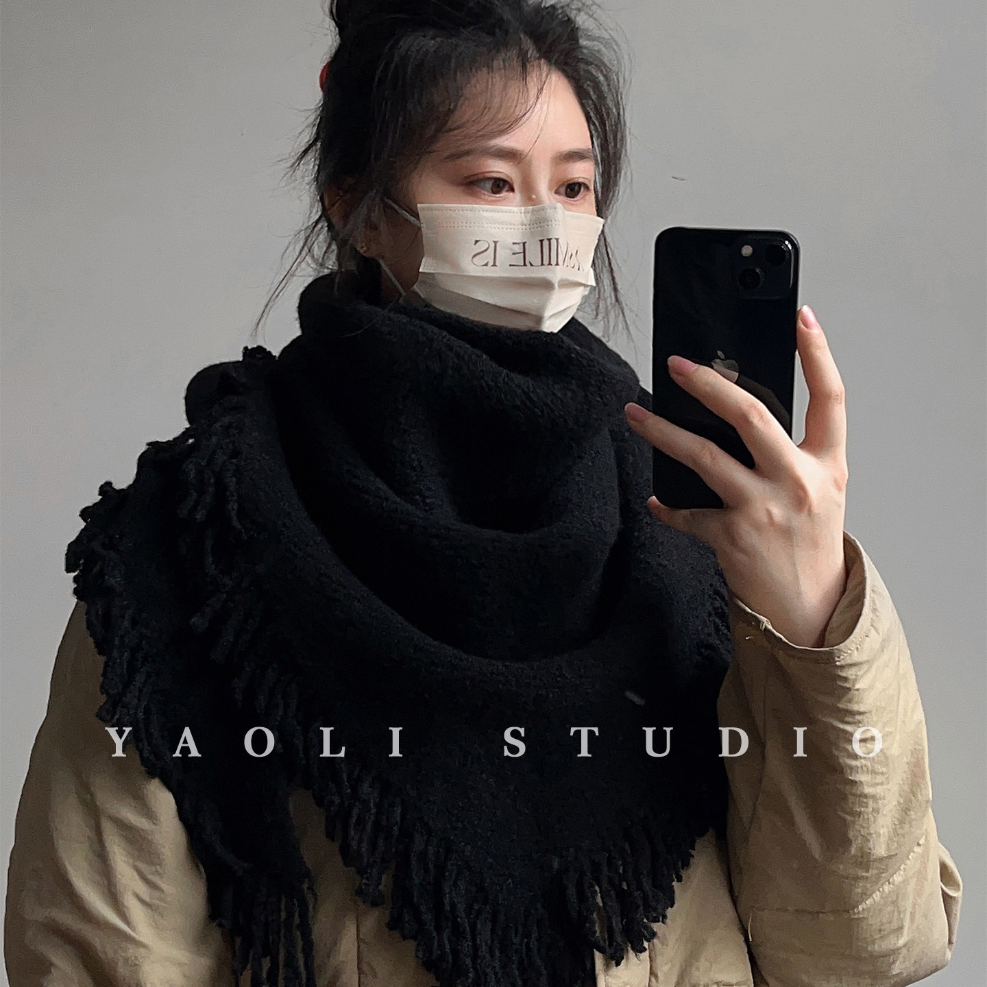 YAOLI午夜黑～含羊毛流苏三角巾形围巾女秋冬保暖防寒披肩围脖韩,淘宝优惠券,粉丝福利购,淘宝优惠卷