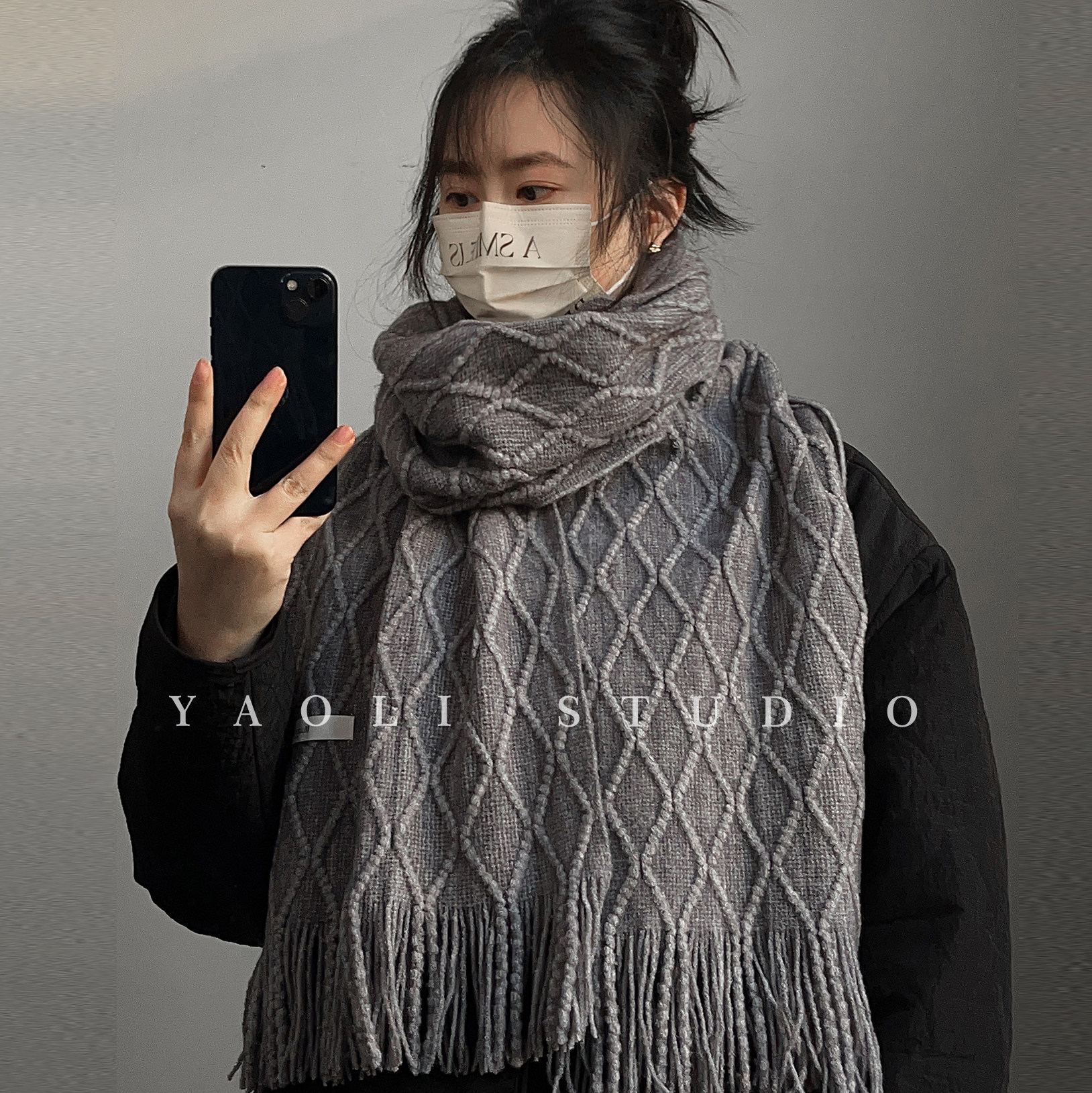 YAOLI鱼尾灰～韩系菱形麻花针织流苏围巾女秋冬保暖防寒护颈围脖,淘宝优惠券,粉丝福利购,淘宝优惠卷