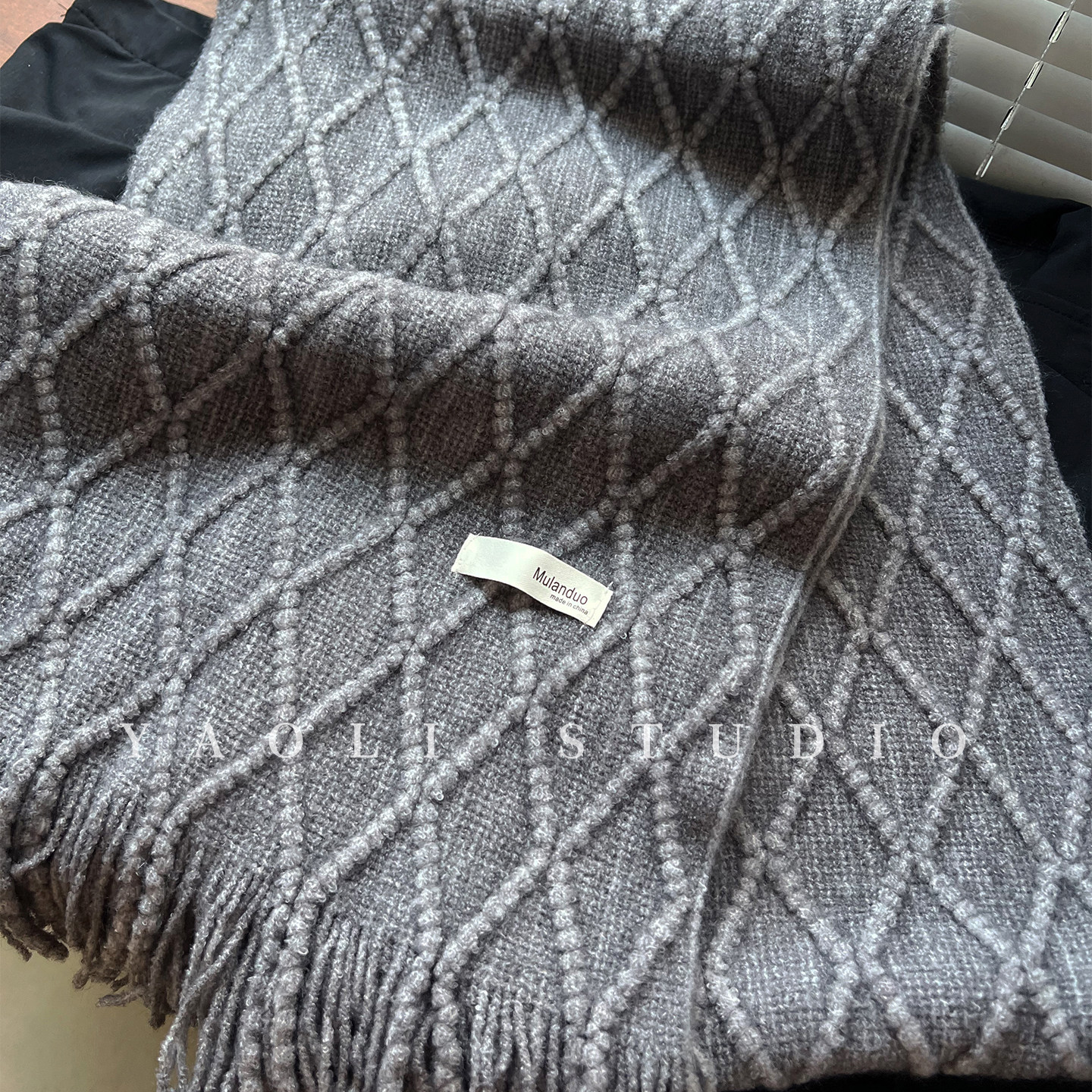 YAOLI鱼尾灰～韩系菱形麻花针织流苏围巾女秋冬保暖防寒护颈围脖,淘宝优惠券,粉丝福利购,淘宝优惠卷