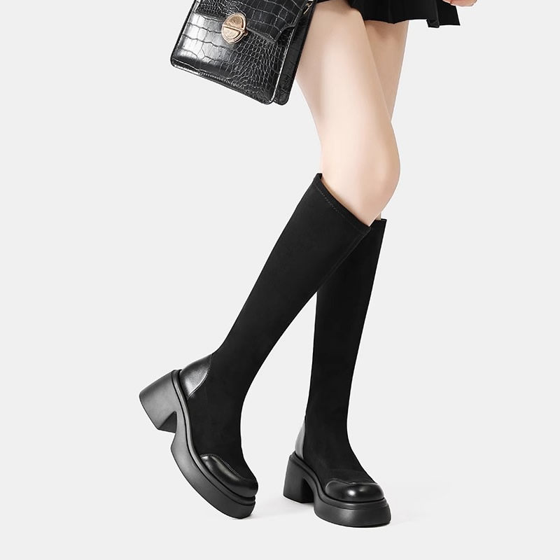 显瘦圆头粗跟高跟长靴女2025秋季新款弹力靴瘦瘦靴加大筒围粗腿靴,淘宝优惠券,粉丝福利购,淘宝优惠卷