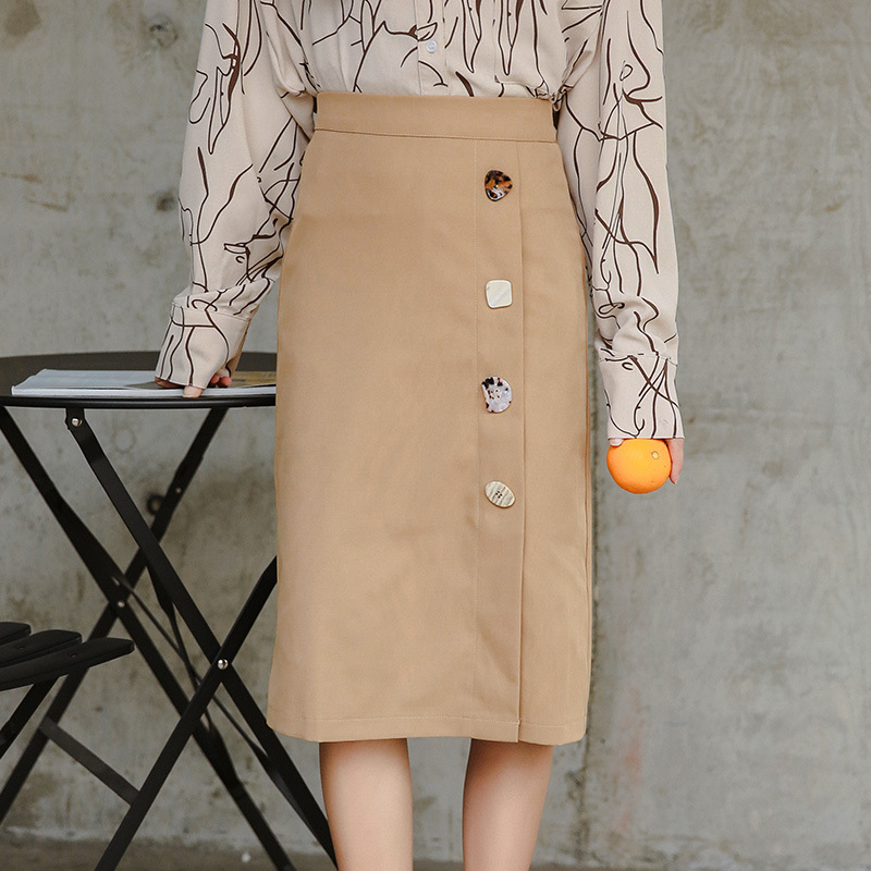 新款 2019春季韩版修身显瘦高腰中长款个性花钮扣半身裙包臀A字裙