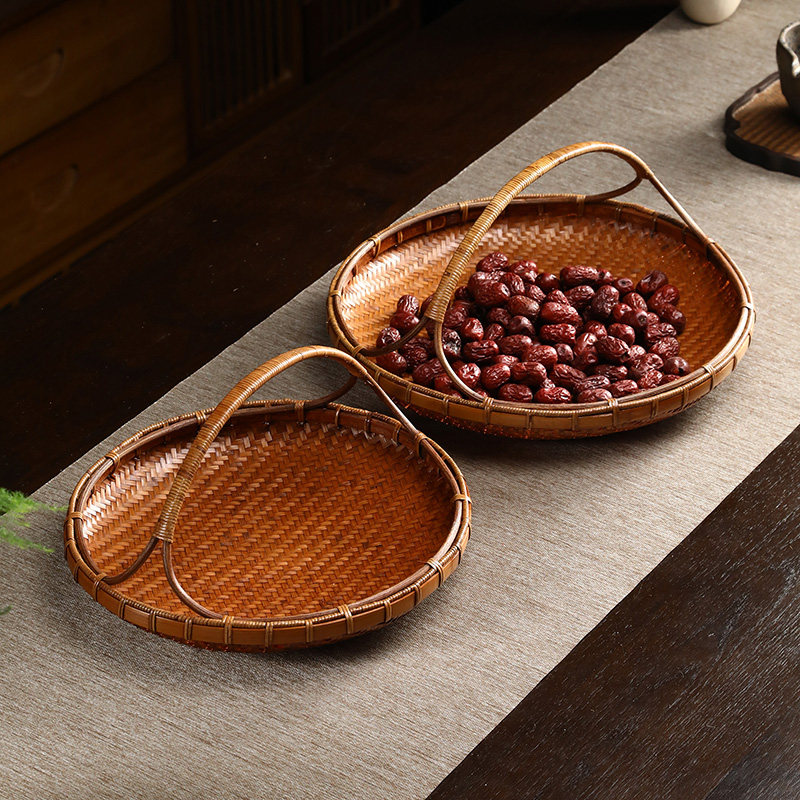 竹制复古大漆收纳筐家用茶叶簸箕茶点盘干果盘篮纯手工竹编果盘,淘宝优惠券,粉丝福利购,淘宝优惠卷