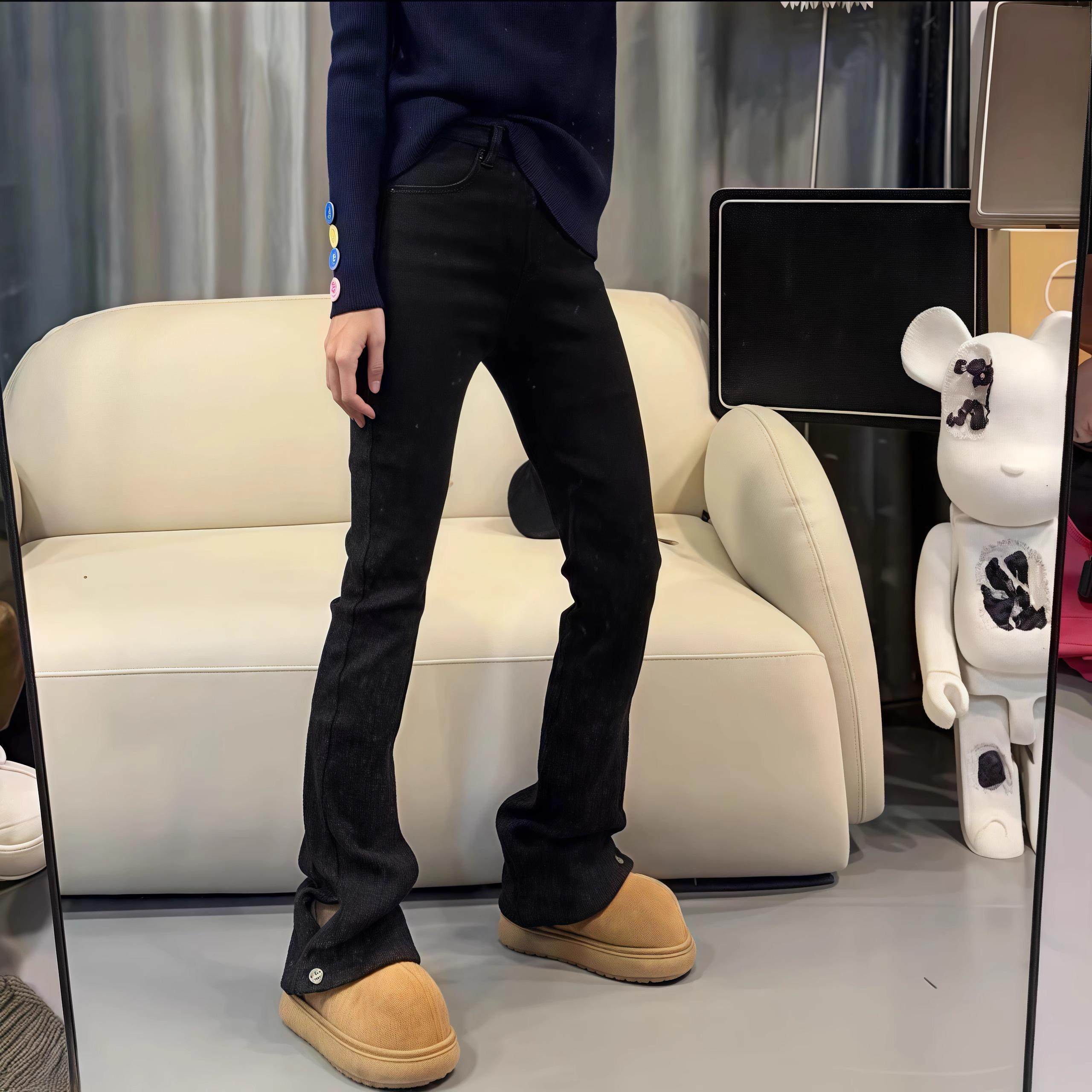 大码直筒微喇牛仔裤女春秋2025新款高个子显瘦高腰开叉加绒马蹄裤,淘宝优惠券,粉丝福利购,淘宝优惠卷