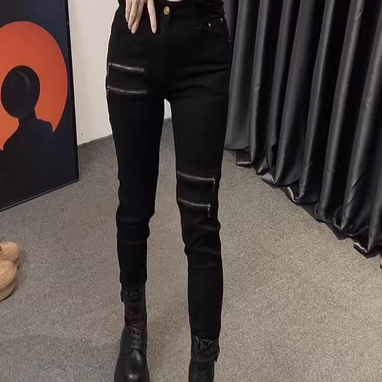 春秋新款修身弹力拉链小脚牛仔裤女大码胖妹妹美式机车显瘦铅笔裤 - 图2