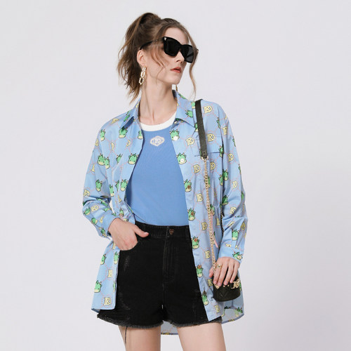 kodice春秋新款女装蓝色印花衬衫翻领单排扣长袖抽绳收腰衬衣上衣 - 图2