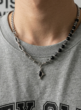 黑裂纹珠拼接异形吊坠项链男生小众设计ins高级感高街轻奢锁骨链