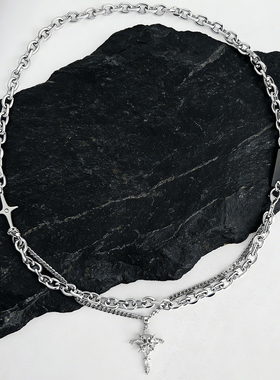 十字星芒镶钻十字架叠戴项链男生小众设计ins百搭潮牌锁骨链百搭