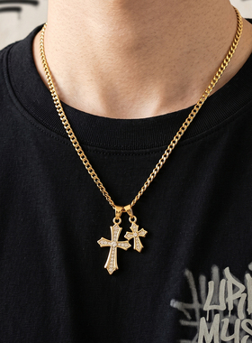 金色双子十字架镶钻男生项链轻奢高级感锁骨链女小众高街嘻哈坠链