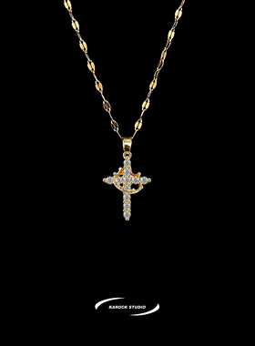 金色王冠满钻十字架钛钢锁骨链