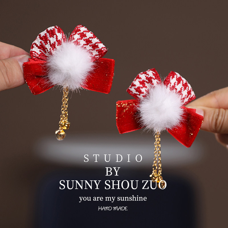 中国风可爱毛球发夹女儿童新年粉色蝴蝶结头饰对夹发卡小女孩发饰,淘宝优惠券,粉丝福利购,淘宝优惠卷