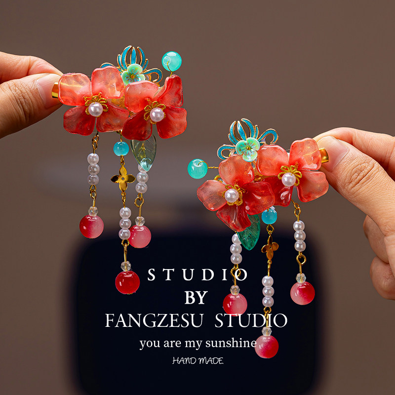 2026儿童古风头饰汉服国风花朵流苏发夹马年宝宝喜庆红色新年对夹,淘宝优惠券,粉丝福利购,淘宝优惠卷