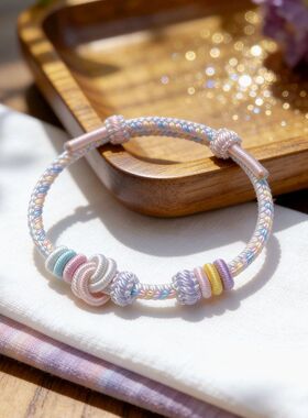 小清新酒窝结桃花手绳儿童手工编织红绳手链女可穿黄金配饰转运珠