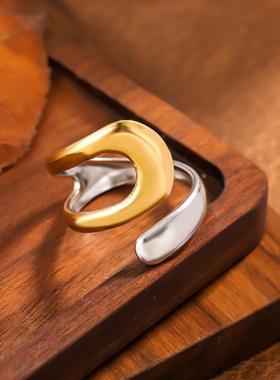 INS风18k金不锈钢拼色戒指女