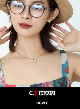 彩色锆石蝴蝶珍珠项链女春夏新款