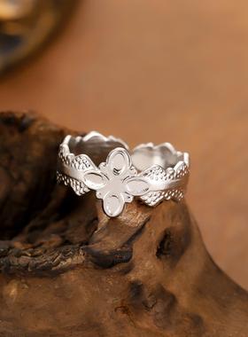 欧美钛钢饰品复古优雅花朵戒指女油压开口气质时尚高级食指指环