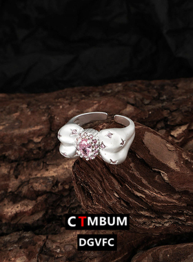 开口粉色水钻蝴蝶结戒指女甜美温