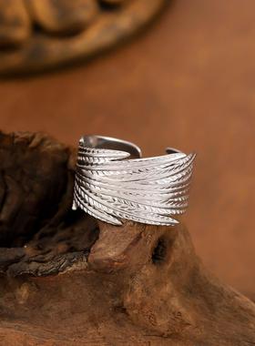 欧美复古钛钢羽毛可调戒指