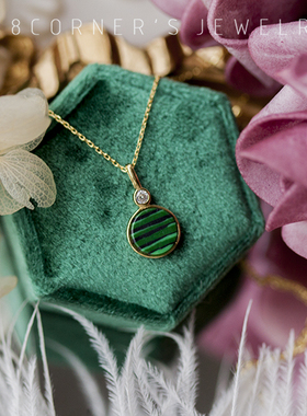 绿色孔雀石圆形银镀金短款锁骨链