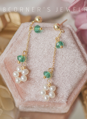 日系手工绿色长款耳钉淡水珍珠