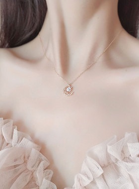 日系编织树枝月牙纯银镶钻锁骨链