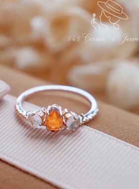 925银法式复古橙石榴白水晶戒指