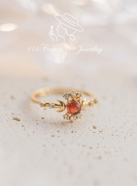 日系复古宫廷风小众设计圆形酒红石榴石太阳花边925银开口戒指环