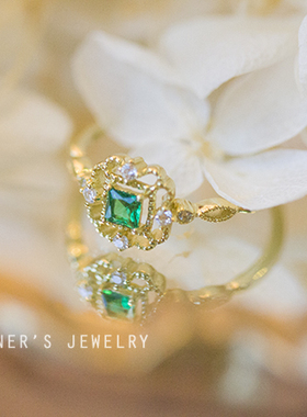 日系蕾丝祖母绿锆石钻开口戒指