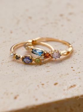 繁花绮梦 日系精致气质百搭复古天然宝石堇青石蓝托帕925纯银戒指