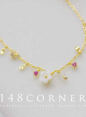 日系定制款清新气质甜美可爱简约贝壳花粉锆石925银镀金纤细手链