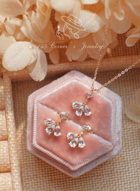 925银镀金裙摆水晶项链耳钉