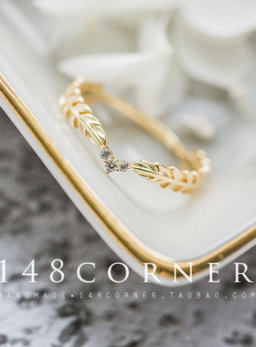 日系气质雕刻羽毛树叶镀金戒指