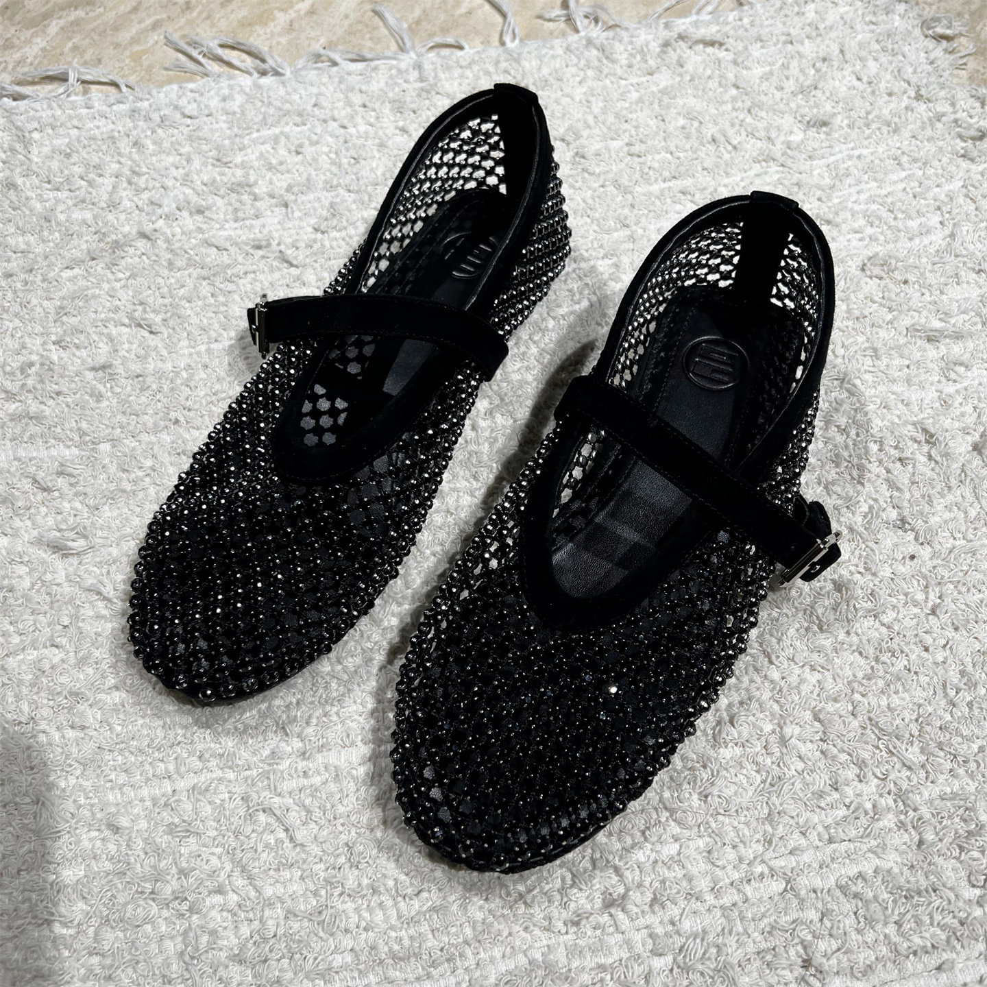 欧洲站女2026春新款欧货真皮一字带网面水钻平底浅口单鞋玛丽珍鞋,淘宝优惠券,粉丝福利购,淘宝优惠卷