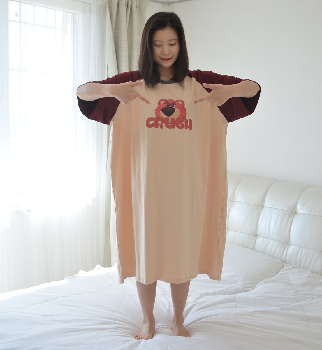 200斤加肥加大码草莓熊睡裙女胖MM夏季短袖长款针织全棉卡通睡衣 - 图2