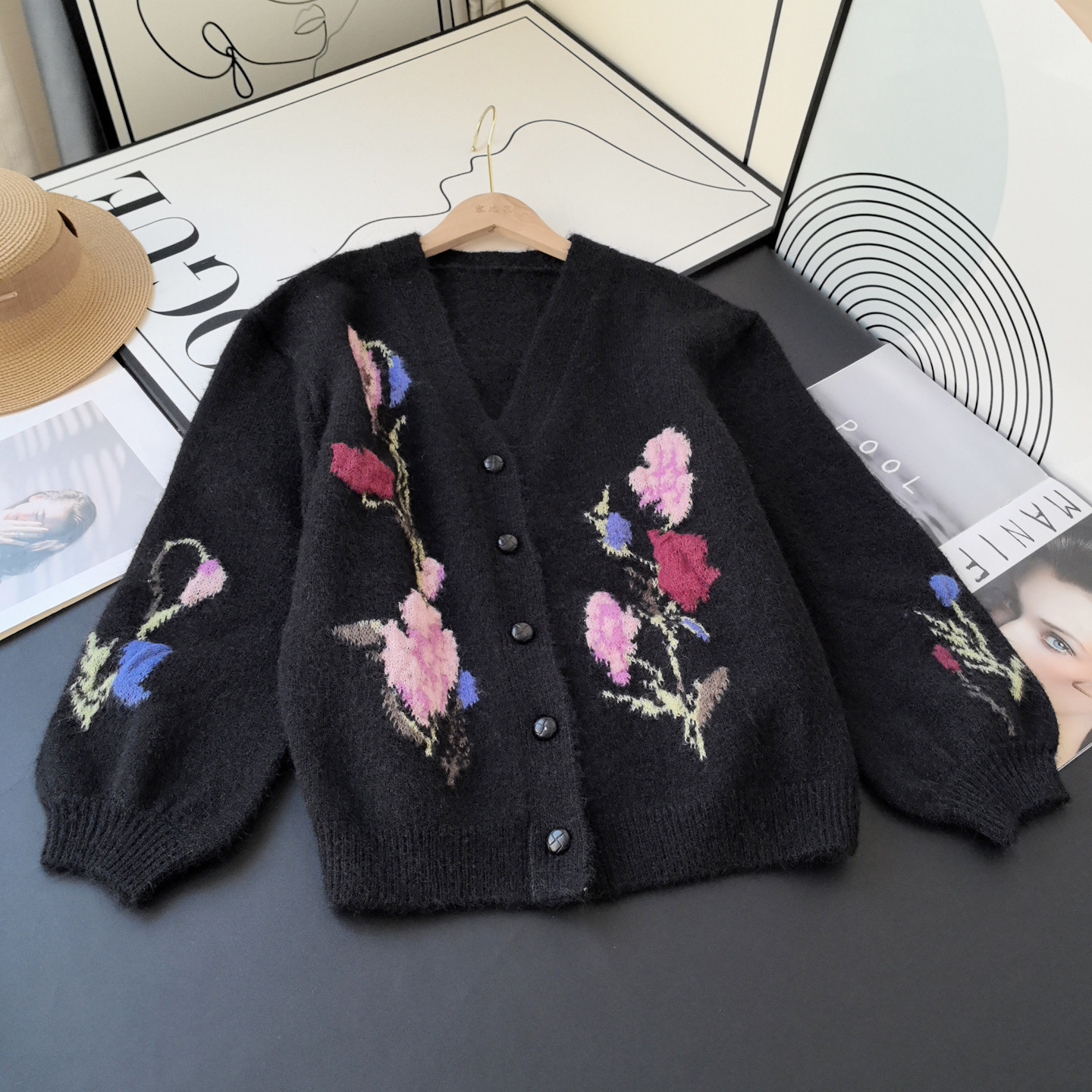 复古时髦重工花朵提花宽松廓形羊毛混纺V领针织开衫毛衣外套女冬,淘宝优惠券,粉丝福利购,淘宝优惠卷