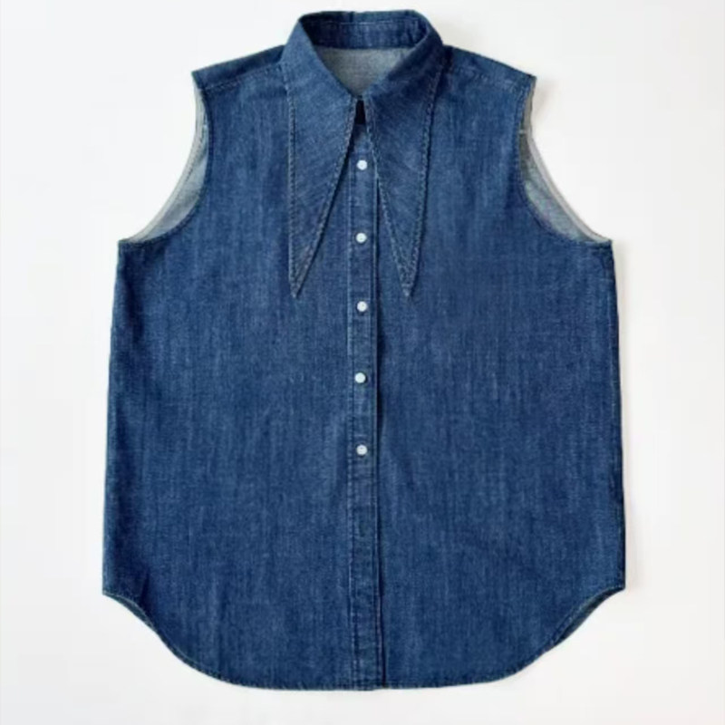 尖领设计牛仔衬衣直身款牛仔无袖衬衫时尚蓝色无袖衬衫女牛仔系带,淘宝优惠券,粉丝福利购,淘宝优惠卷