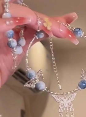 青花瓷古风蝴蝶流苏手链女新中式轻奢小众精致平安福牌手串饰品礼