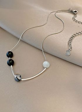 钛钢项链女黑色玉髓珠子锁骨链