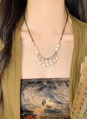 民族风瓷珠流苏项链夏日古装汉服配饰吊坠毛衣链女简约气质百搭