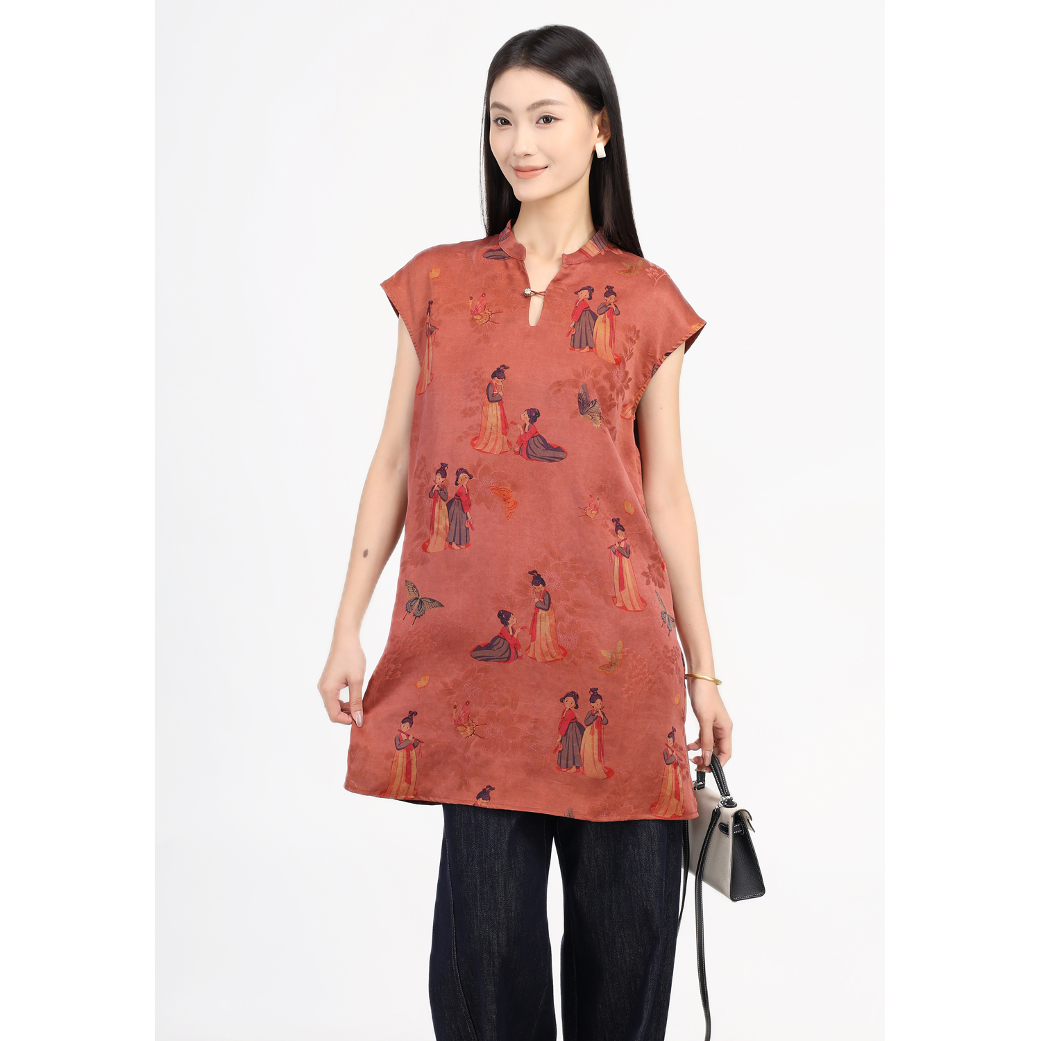 JINYU矜羽【风雅来客-栖心】朱红小人桑蚕丝红云纱长款马甲女 - 图1