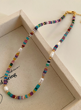 天然石珍珠彩色多巴胺串珠项链女夏2024新款高级感轻奢锁骨链颈链