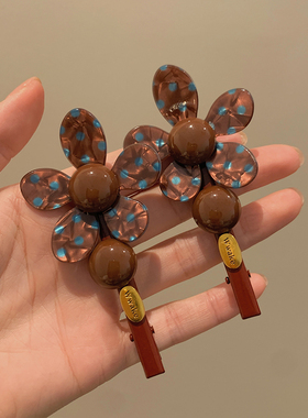 一对装~韩系蓝咖波点大花朵金标发夹女新款刘海侧边夹鸭嘴夹发卡