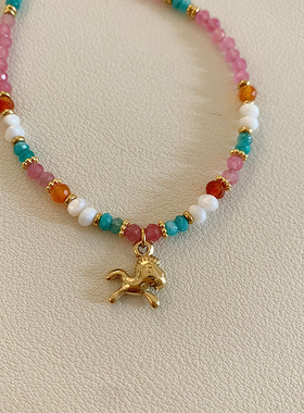 甜美粉色水晶串珠项链配饰女款2025新款高级感小众轻奢吊坠锁骨链