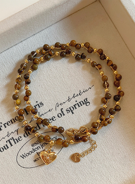 高级感轻奢小众天然虎眼石串珠爱心吊坠项链女复古百搭毛衣链锁骨