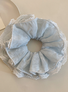 浅蓝色条纹双层蕾丝大肠发圈女清新扎头发丸子头发绳侧低马尾头绳