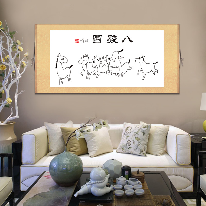 搞笑字画徐悲鸿八骏图书画作品百鸟朝凤图猛虎下山图装饰卷轴挂画-图0