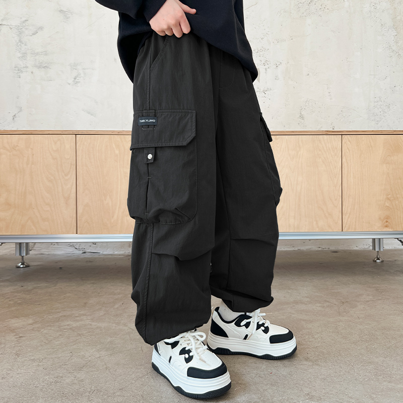 儿童运动春秋新款季工装黑色男童裤子休闲胖孩薄阔腿中大童夏防蚊 - 图1